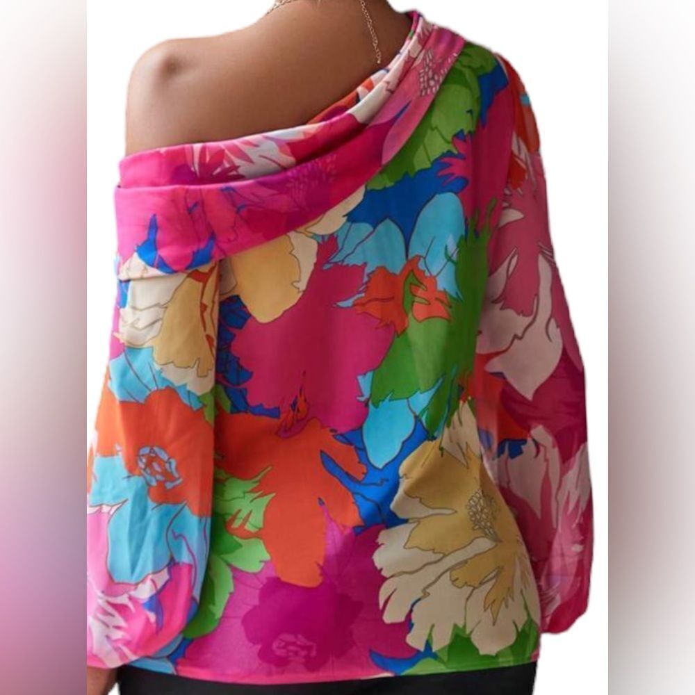SHEIN NEW BOHOFLORAL PRINT ASYMMETRICAL NECK LANTERN SLEEVES BLOUSE TOP HOT PINK - Picture 2 of 7